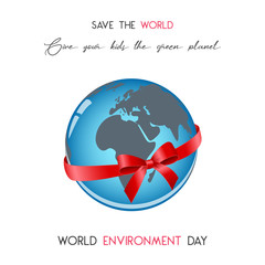 Modern card with globe and hand drawn lettering in minimalist style for World environment day. Save the world. Vector illustration for Holiday Collection.