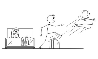 Vector cartoon stick figure drawing conceptual illustration of man or husband returned home and found his wife with paramour having sex in bed.Husband is kicking lover out. Concept of infidelity.