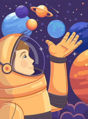 Cosmonaut in outer space with planets.