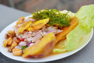 Ceviche - traditional peruvian dish made of raw fish.