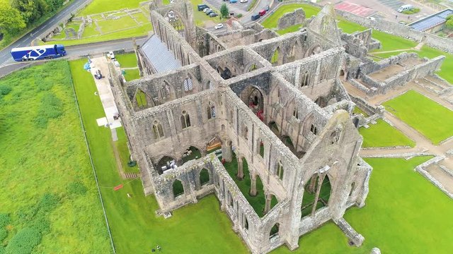 Title: Aerial drone footage of the ruins Tintern Abbey, located on the Welsh boarders. 