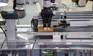 Industrial robot loading carton to conveyor in manufacturing production line