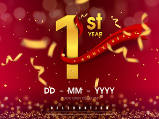 1 years anniversary logo template on gold background. 1st celebrating golden numbers with red ribbon vector and confetti isolated design elements