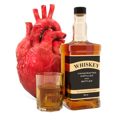 Alcohol and heart disease concept, human heart with alcohol drink. 3D rendering