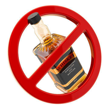 Alcohol Prohibition Concept. Bottle Of Whiskey Inside Forbidden Sign, 3D Rendering