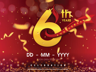 6 years anniversary logo template on gold background. 6th celebrating golden numbers with red ribbon vector and confetti isolated design elements