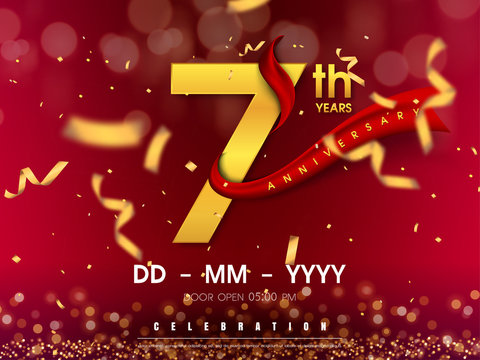 7 years anniversary logo template on gold background. 7th celebrating golden numbers with red ribbon vector and confetti isolated design elements