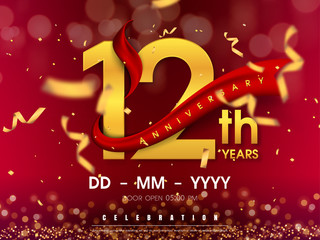 12 years anniversary logo template on gold background. 12th celebrating golden numbers with red ribbon vector and confetti isolated design elements