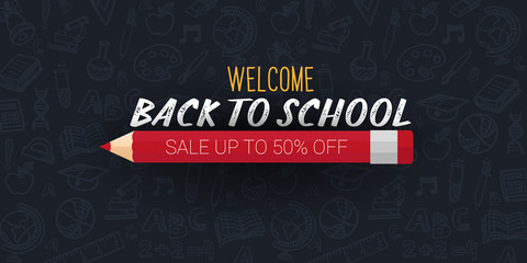 Back to School banner with colour pencils and hand draw doodle backgrounds. Vector illustration.