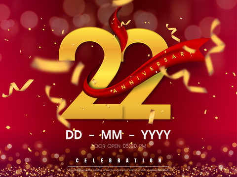 22 years anniversary logo template on gold background. 22nd celebrating golden numbers with red ribbon vector and confetti isolated design elements