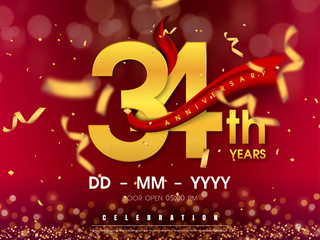34 years anniversary logo template on gold background. 34th