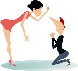 Quarrel between man and woman. Angry young woman scolds staying in the kneels man isolated on white illustration