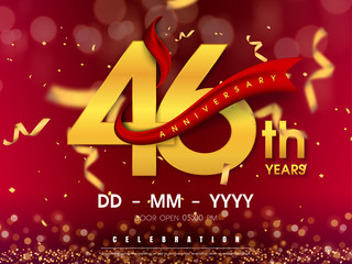 46 years anniversary logo template on gold background. 46th celebrating golden numbers with red ribbon vector and confetti isolated design elements