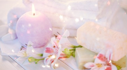 Spa treatment health spa candle towel bar of soap orchid aromatherapy