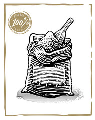Sack of flour. Hand drawn engraving. Vector vintage illustration. Isolated on color background. 