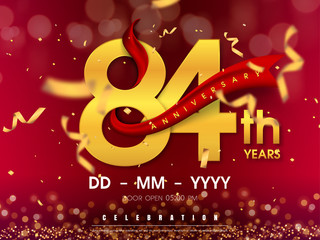 84 years anniversary logo template on gold background. 84th celebrating golden numbers with red ribbon vector and confetti isolated design elements