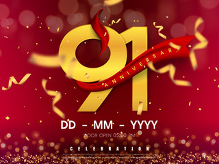91 years anniversary logo template on gold background. 91st celebrating golden numbers with red ribbon vector and confetti isolated design elements
