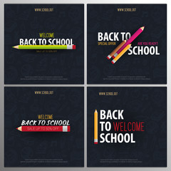 Set of Back to School banners with colour pencils and hand draw doodle backgrounds. Vector illustration.