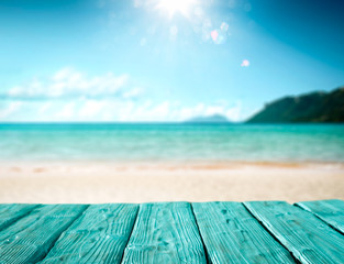 Fototapeta premium Wooden desk of free space and summer sunny day. Free space for your decoration and warm sunny day. 