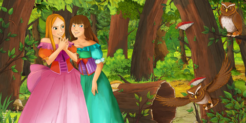 Obraz na płótnie Canvas cartoon scene with happy young girl and princess sorceress in the forest encountering pair of owls flying - illustration for children