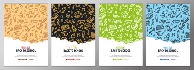 Set of Back to School banners with hand draw doodle background. Vector illustration. - 268173545