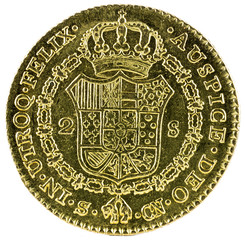 Ancient Spanish gold coin of King Carlos IV. With a value of 2 escudos and minted in Sevilla. 1797. Reverse.