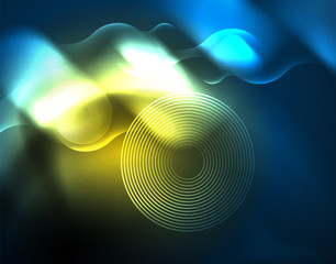 Fototapeta premium Neon glowing wave lines, blue hi-tech futuristic abstract background template