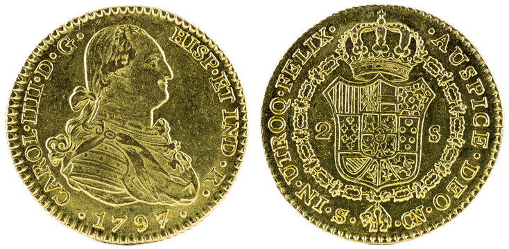 Ancient Spanish gold coin of King Carlos IV. With a value of 2 escudos and minted in Sevilla. 1797.