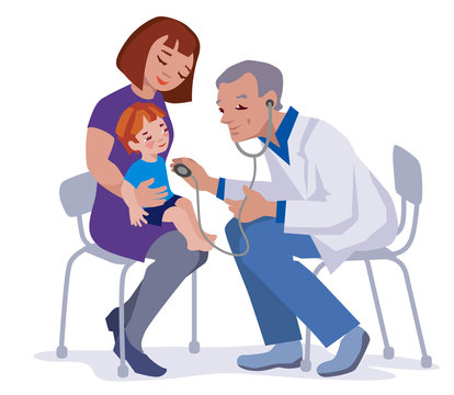 doctor examining child with mother, cartoon style clip art preview