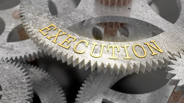 The inscription EXECUTION on the gear of the clock mechanism, 3d illustration