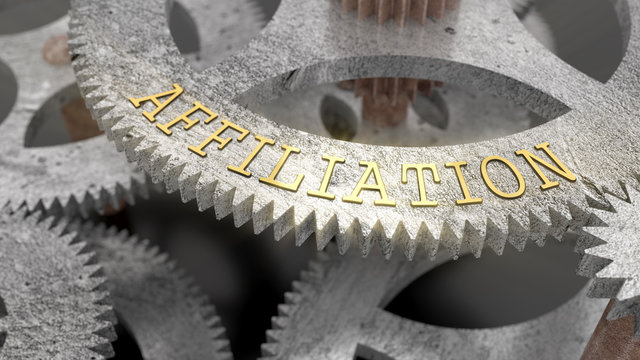 The inscription AFFILIATION on the gear of the clock mechanism, 3d illustration
