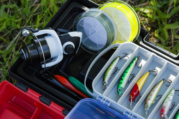 Spinning reel, fishing line, plastic tackles, artificial lures and other hobby fishing gear