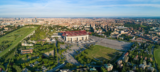 Aerial panoramic view of Milan (Italy) cityscape with the soccer stadium,  known as San Siro Stadium