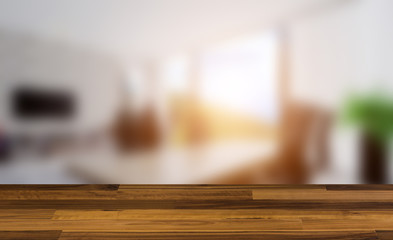 The interior of the head office in the style of minimalism. Room with large windows. Business background.. 3D rendering.. Sunset. wooden table