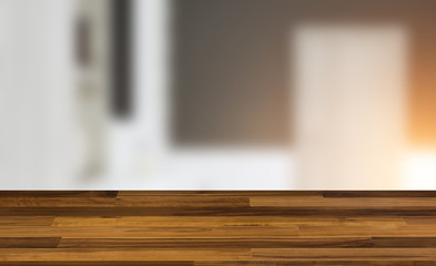 Bathroom with brown walls and white tiles. Gray  furniture. Large interior door. 3D rendering. Mockup. Sunset. wooden table