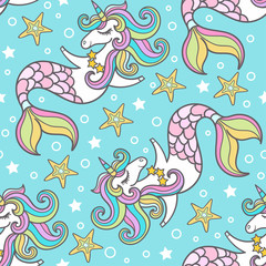 Seamless pattern. Cute seahorses unicorns. Marine theme
