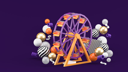 Fototapeta premium Ferris wheel among colorful balls on a purple background.-3d rendering.