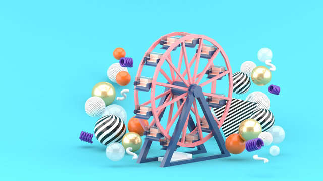 Ferris wheel among colorful balls on a blue background.-3d rendering.