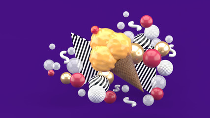 An orange ice cream surrounded by colorful balls on a purple background.-3d rendering.