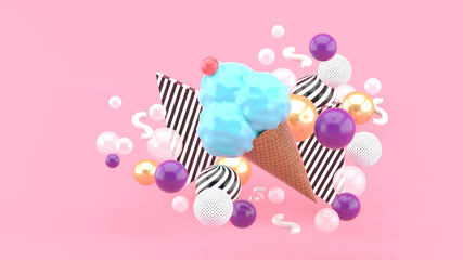 A blue ice cream surrounded by colorful balls on a pink background.-3d rendering.