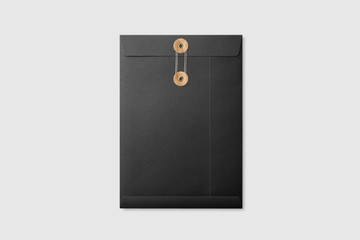 Black paper A4/C4 size String and Brown Washer Envelope Mockup on light grey background. High resolution.