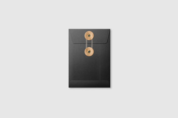 Black paper A6/C6 size String and Brown Washer Envelope Mockup on light grey background. High resolution.