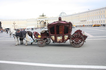 view of horses and carriage on the square in St. Petersburg