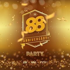 88 years anniversary logo template on gold background. 88th celebrating golden numbers with ribbon and confetti isolated design elements.