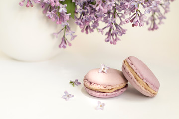 Fototapeta na wymiar Tasty french violet macaroons and lilac flowers
