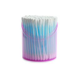 Plastic container with cotton swabs on white background