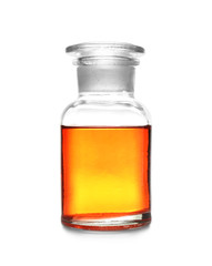 Laboratory glassware with color sample on white background. Solution chemistry