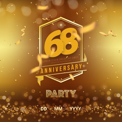 68 years anniversary logo template on gold background. 68th celebrating golden numbers with ribbon and confetti isolated design elements.