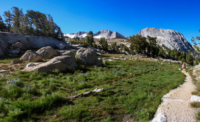 Fototapeta na wymiar Hiker Backpacking to Vogelsang High Sierra Camp in Yosemite National Park in California