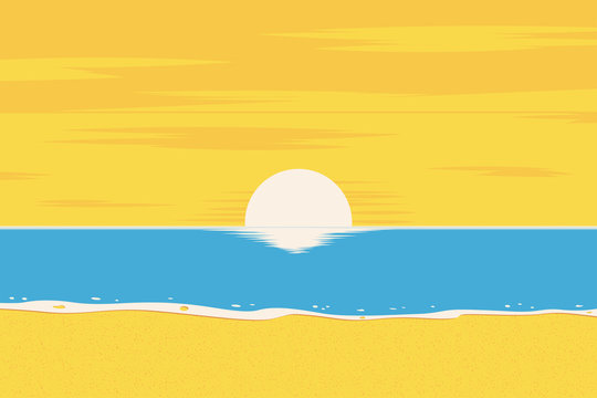 Summer background. The beach and the tropical sea with the setting sun. Tropical landscape. Template for poster, banner, web.  Vector illustration